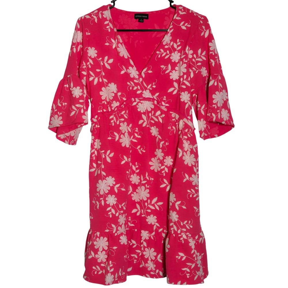 Chloe Rene Pink Floral Bell Sleeve Mini Dress Small Cottage Boho Romantic Summer